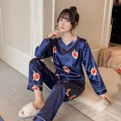 Pajamas for Women Autumn N-neck Long-sleeved Pyjamas Silk-pajamasr Ladies Casual Home Wear Large Size Nightie 2-piece Set