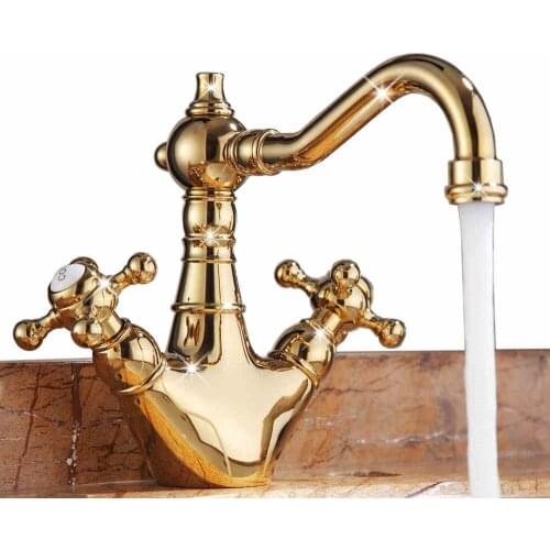 Free ship Gold clour double cross handles New bathroom sink mixer faucet Single hole deck mounted