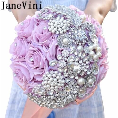 JaneVini 2018 Silk Artificial Purple Bridal Bouquet For Wedding With Beaded Pearls Crystal Bouquet Mariage Rose Buque De Noiva