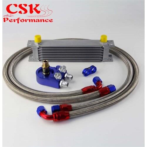 Universal 10 Row 248mm AN10 Engine Transmission Oil Cooler British Type + Aluminum Filter Adapter Kit Blue