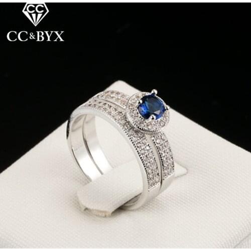 CC Jewelry Ring For Women Fashion Jewelry Double Round Blue Stone White Gold-Color Rings Bridal Wedding Engagement Bijoux CC1118