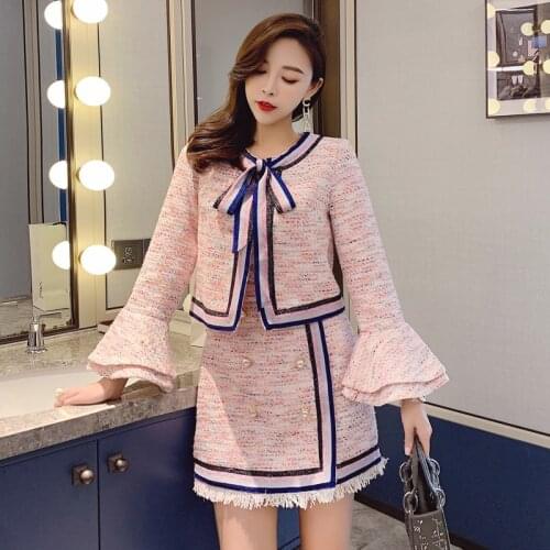 Autumn Top Quality Runway Suit Women Designer Long Trumpet Sleeve Bowknot Tweed Woolen Jacket+Tassel Skirt Set 2Piece Outfits