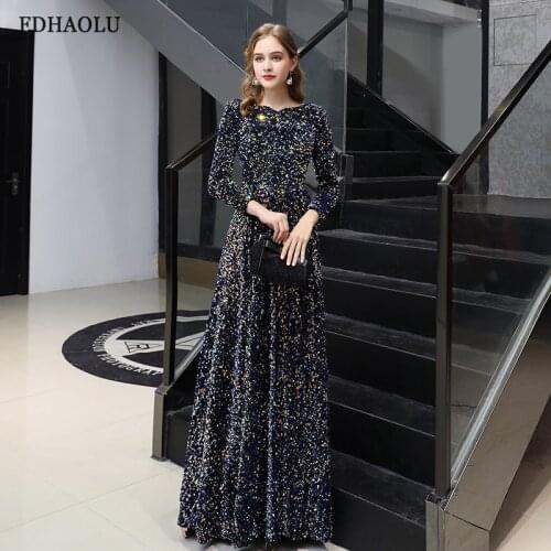 FDHAOLU FU98 Muslim Long Sleeves Prom Dresses 2021 Elegant A-line Floor-length Sequin Women Formal Gowns For Evening Party Dress