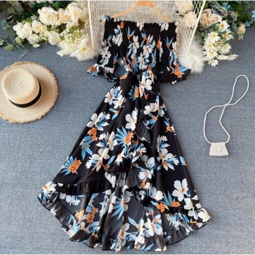 Womens summer elastic slash neck flower print front short back long dress female high waist beach vacation chic dress TB749