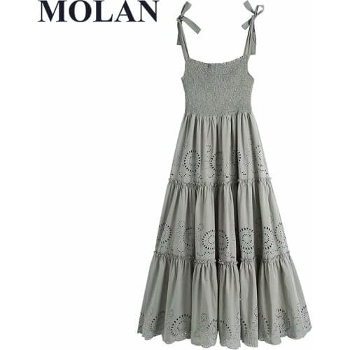 Woman Vintage Solid Gray French Dress Hollow Embroidered Elastic Waist Strap Square Collar Sleeveless Fashion Female Long Dress