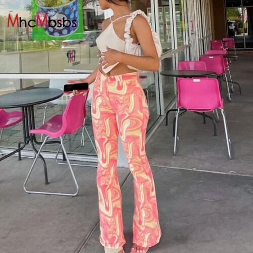 2021 E-girl Vintage High Waist Tie Dye Flare Pants Women Loose Long Fashion Y2K Capris Trousers Summer Joggers Casual Sweatpants