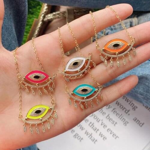5Pcs High Quality Micro Pave Zircon Colorful Enamel Greek Eye Charm Pendant Necklace Gold Link Chain Choker Female Necklace Gif