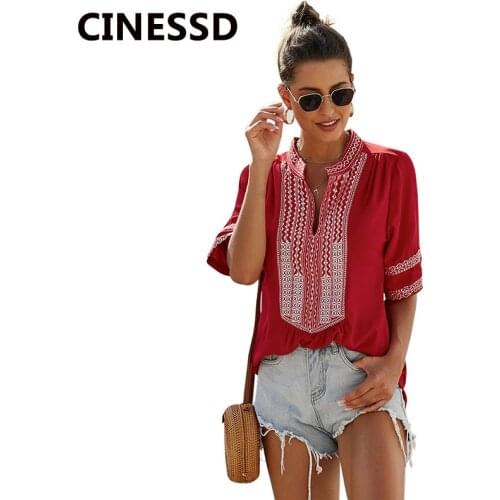 CINESSD Women V Neck Short Sleeves Blouses Blue Vintage Tops Embroidery Lacework Patchwork Black Casual Pullover Summer Blouse