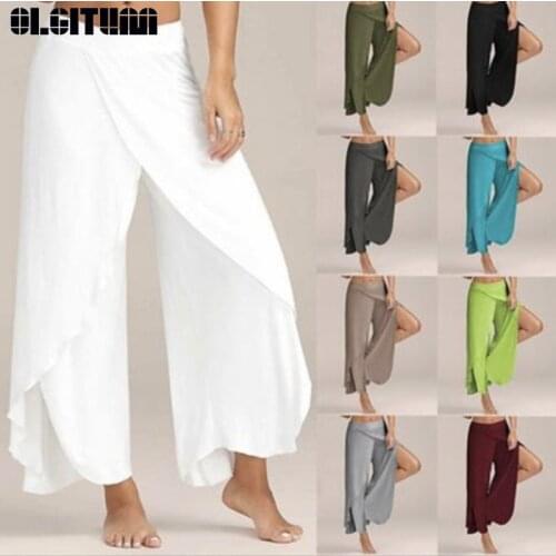 New Fashion 2020 Women Summer Casual Wide Leg Pants Women Loose Stretch High Waist Long Pants Cross Wide Leg Pants PT234