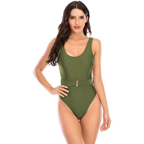 Women Solid Color 1-piece Swimsuit with Waistband Sportswear Sexy Round Neck Deep Backless Thong Crotch Tank Swimwear Beachwear
