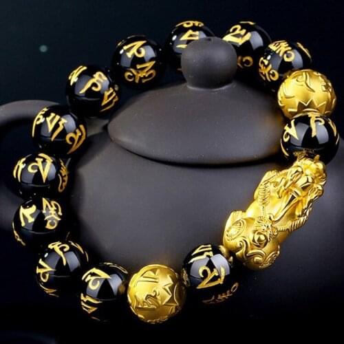 Feng Shui Obsidian Stone Bead Charm Bracelet For Women Men Unisex Wristband Gold Black Pixiu Wealth And Good Luck Women Bracelet