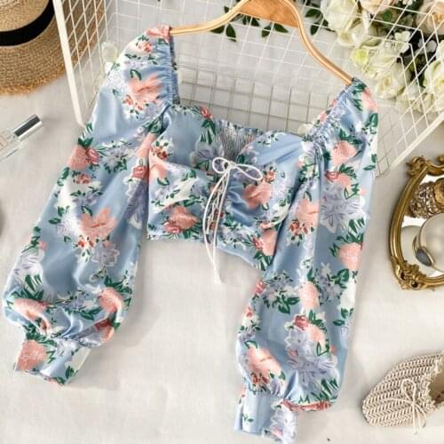 French Style Fashion Women Long Puff Sleeve Square Collar Floral Print Bandage Short Blouse Elastic Pleated Casual Shirts Top