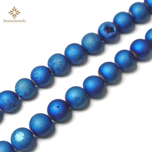 Glossy Deep Natural Blue Druzy Agates Stone Frosted Round Loose Spacer Beads For Jewelry Making 6/8/10MM DIY Bracelet Necklace