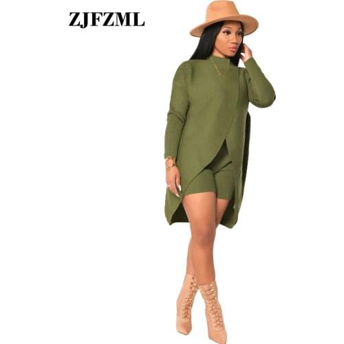 Cashmere Sweater Women Two Piece Sets Autumn Winter Warm Clothes Front High Split Long Sleeve Loose Top & High Waist Slim Shorts