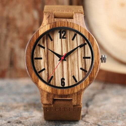 Creative Clock Wood Watch Modern Men Women Handmade Quartz Natural Wooden Wrist Watch Genuine Leather Hour Clock Christmas Gifts