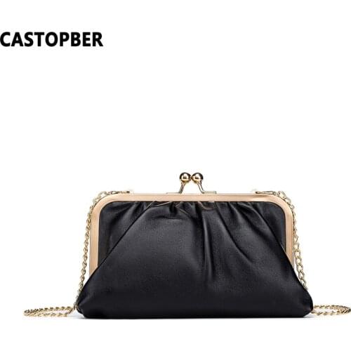 Mini Ladies Cow Genuine Leather Clutch Bag Evening Party Purse Womens Small Crossbody Chain Bags With Framed Double Kiss Lock