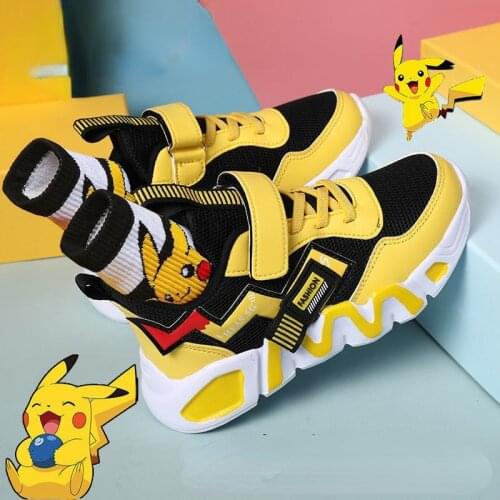 Pikachu Boys Shoes Spring Summer 2021 Childrens Sports Shoes Trendy Men 4-16 Years Old Pu Leather Waterproof Pokemon Send Socks