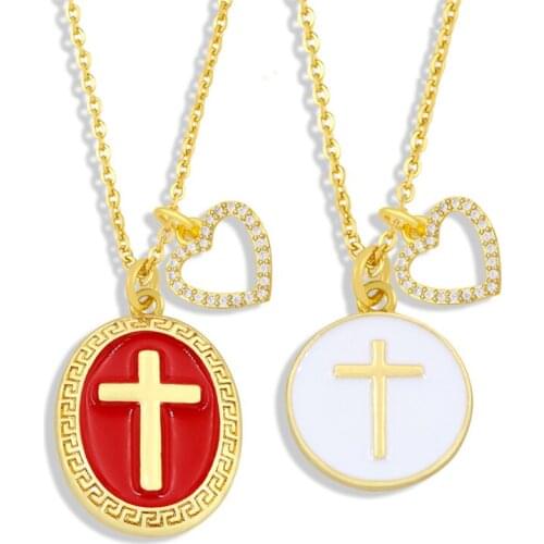FLOLA Gold Chain Cross Necklace For Women Crystal Stone Copper CZ Short Enamel Heart Necklace Pendant Religious Jewelry nkew50
