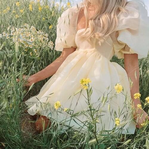 Ladies Girls Mesh Princess Dress Elegant Sweet Adults Solid Color Puff Sleeve Square Collar Loose Tutu Puffy Mini Dress