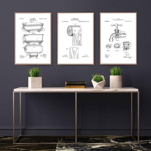 Bathtub Faucet Brush Toilet Paper Patent Drawings Bathroom Decoration Funny Poster Retro Canvas Black And White Wall Art