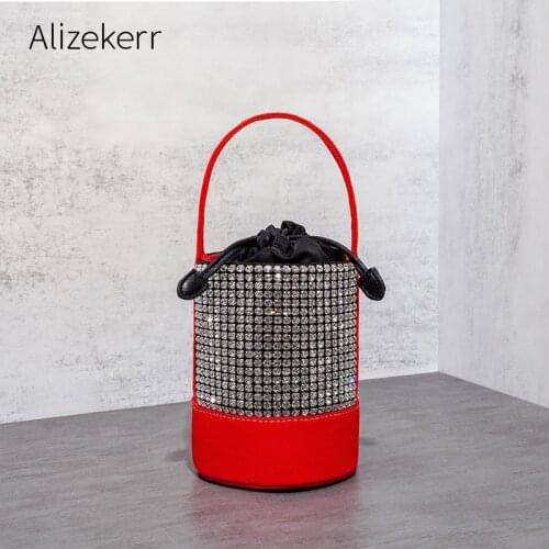 Rhinestones Panelled Canvas Bucket Evening Clutch Bag 2021 New Korean Shining Chain Shoulder Bag Chic Wedding Purse Top Quality