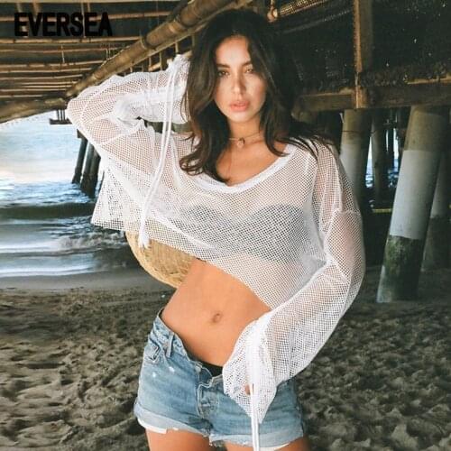 Eversea Summer White Women Ruffle Long Sleeve T-Shirt Sexy See Through Round Collar Lady Mesh Crop Tops Swimsuit Cover