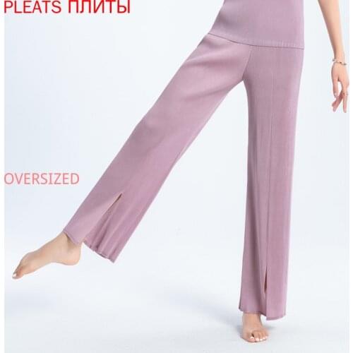 Fashion Slimming Miyake Folds New Womens High-waist Stretch Wide-leg Pants Womens Nine-point Drape Straight-leg Pants PLEATS