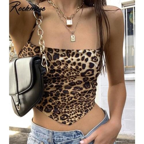 Rockmore Sexy Leopard Printed Halter Crop Top Women Backless Camis Bandage Lace Up Tank Top Club Party Bustier Summer Streetwear