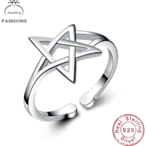 Wholesale 925 Sterling Silver Jewelry Simple Design Hollow Star Rings Women Resizable Ring Vintage Punk Style Girl&Lady Rings