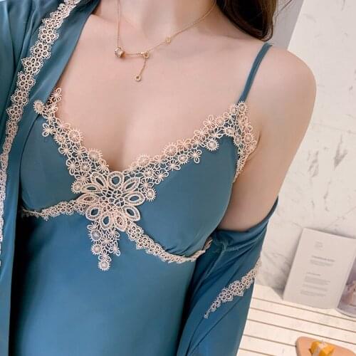 2021 Women 2PCS Robe Set Bride Bridesmaid Wedding Robe Gown Lace Sexy Kimono Bathrobe Night Dress Casual Nightgown Sleepwear