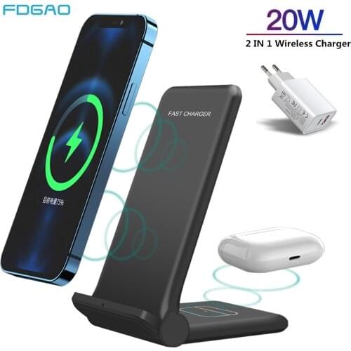 20W Fast Charging Stand Foldable 2 in 1 Qi Wireless Charger Dock For iPhone 12 11 XR XS X 8 Airpods Pro Samsung S21 S20 S10 Buds