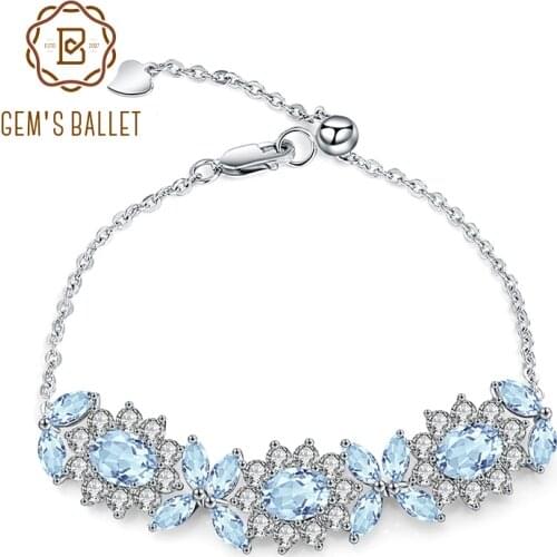 GEMS BALLET 8.27Ct Natural Sky Blue Topaz Flower Bracelet 925 Sterling Silver Adjustable Bracelets Bangles For Women Wedding