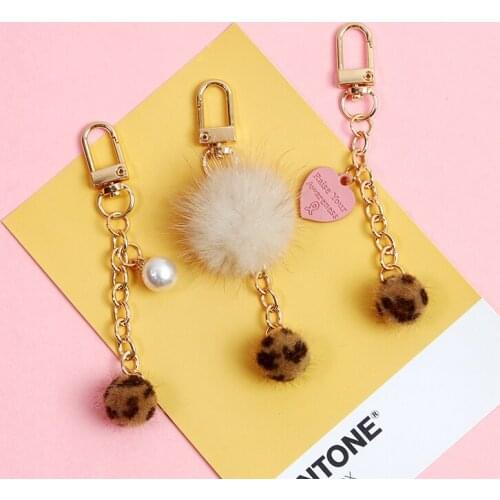 2021 Cute Leopard Pattern Fur Pom pom Ball Keychain For Women Trinket Key Chains Ring Bag Pendent Charm AirPods Accessories D496