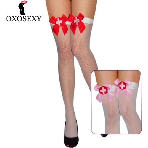 White red bow cosplay hospital nurse women knee high stockings female sexy stockings thigh long fishnet stockings lingerie 463