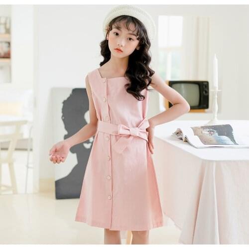Kids Dress 2020 Summer Teen Girl Sleeveless Princess Dresses With Belt Children Pink Beige Clothes For 4-16 Yrs Girls Dresses