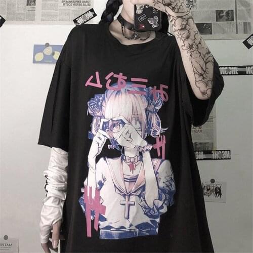 Black Cartoon Cotton Tshirt Streetwear Oversize T Shirt Harajuku Cool Japan Cute Casual Gothic Tshirt Amine Funny Loose Tops