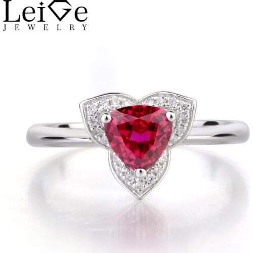 Leige Jewelry Lab Red Ruby Engagement Ring 925 Sterling Silver Trillion Cut Gemstone July Birthstone Ring Prong Setting Ring