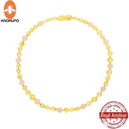 HAOHUPO Top Hot Quality Lemon Gold Fashion Nature Baltic Amber Necklace Girls Jewelry Baby Necklace Gold Polish Necklace Pink