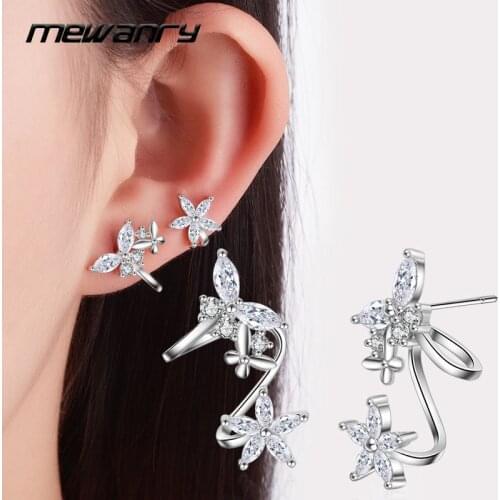 Mewanry 925 Sterling Silver Stud Earrings for Women Trend Elegant Sparkling Zircon Butterfly Flowers Bride Jewelry Party Gifts