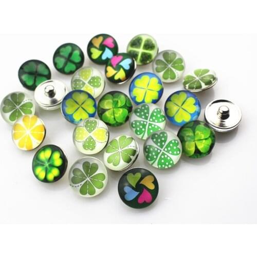 New arrive 20pcs/lot 18mm mix random glass four leaf clover snap buttons for snap bangle bracelet charms for snap diy jewelry
