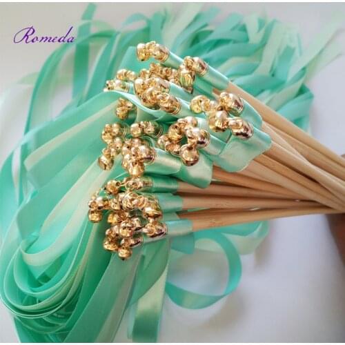 New style 50pcs/lot mint and green stain ribbon wedding stick wands With gold Bells for wedding decoration