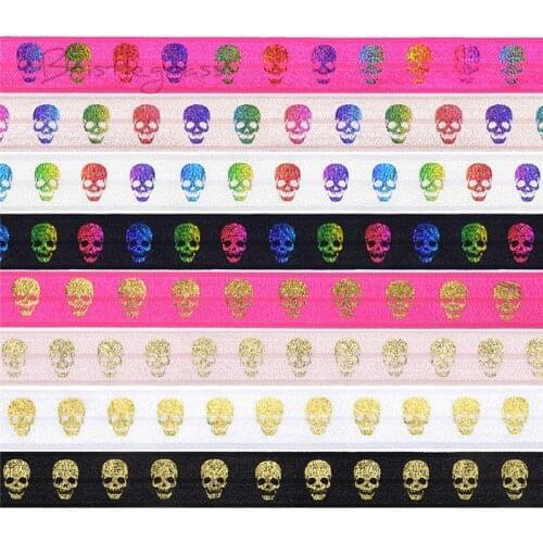 BRISTLEGRASS Wholesale 50 Yard 5/8" 15mm Skull Rainbow Foil Print FOE Fold Over Elastics Spandex Band Headband Tutu Dress Sewing