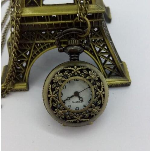 Wholesale Vintage Bronze Small Flower Pocket Watch Necklace Hollow 10pcs/lot PK032