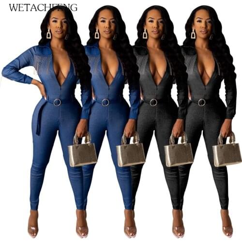 Sexy V Neck Womens Jumpsuit Tassel Belt Autumn Rompers 2020 Plus Size Skinny Jeans Overalls One Piece Playsuit Outfits Clothes