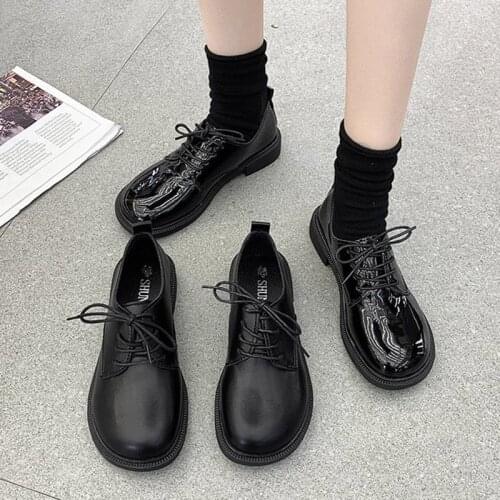 Spring Autumn Women Oxford Shoes Black Lace Up Patent Leather Casual Shoes Round Toe Lolita Shoe Woman Flats zapatos mujer 8905G