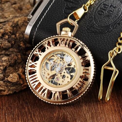 Ancient Antique Steampunk Mechanical Pocket Watch Necklace Hand Wind Carved Hollow Skeleton Fob Clock Pendant Chain Men Women