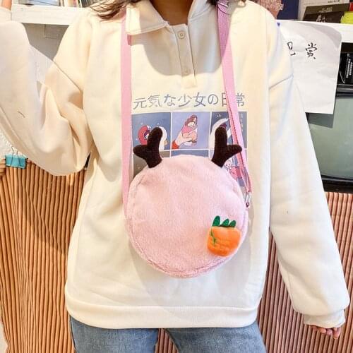 Cute Deer Carrot Shoulder Bag Plush Cartoon Soft Small Round Bags Fashion Women Girl Travel Zipper Phone Crossbody Messenger bag