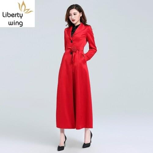 Designer Style Autumn Red Belt Long Trench Coats Slim Solid Sashes Women Windbreaker Overcoat Korean Fashion Female Clothes