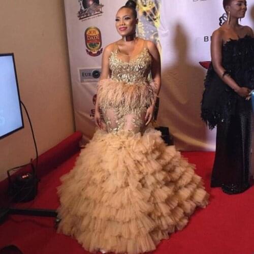 Sexy Illusion Mermaid African Evening Dresses Puff Tiered Mesh Bottom Aso Ebi Long Feather Lace Prom Gowns Formal Party Dress