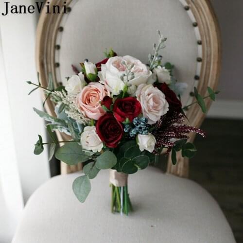 JaneVini Burgundy Rose Dark Red Wedding Bouquet Photo Charm Ramo De Novia Vintage Artificial Bridal Brooch Bride Flower Bouquet